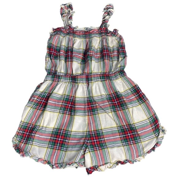Aerie Romper Womens Medium Multicolor Green Red Flannel Plaid Ruffle Strap - Picture 4 of 11